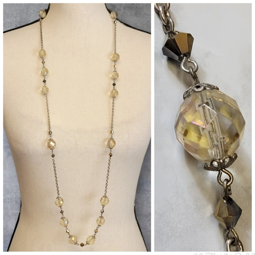 VTG Y2K Yellow Bead Station Necklace Aurora Borealis 60
